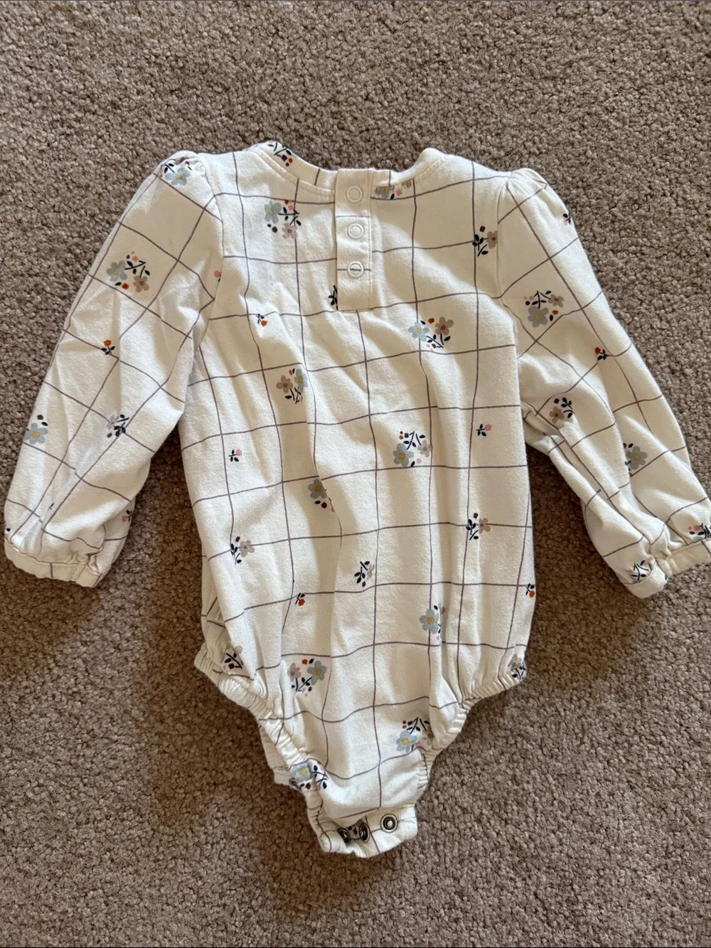 Organic Cream Grid Floral Long-Sleeve Baby Bodysuit